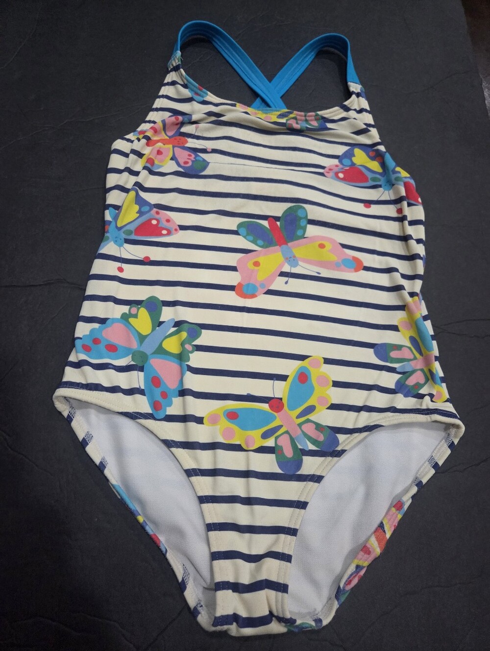 Boden Striped One-Piece with Multicolor Butterflies Swimsuit Sz.6-7